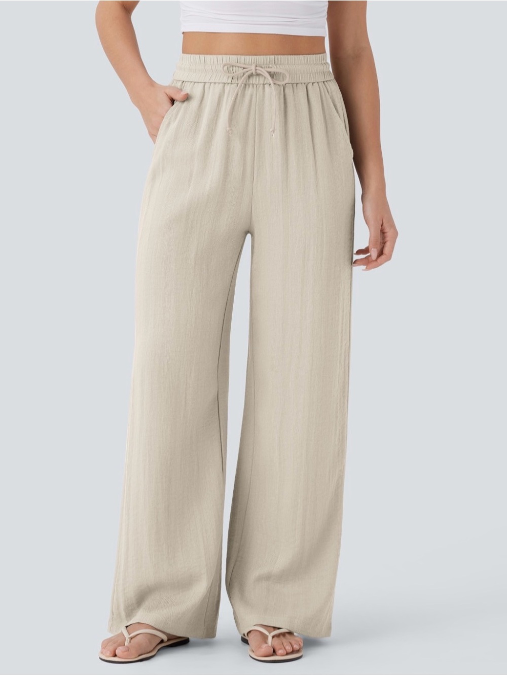 HALARA Linen Wide-Leg Drawstring Pants — Light Cream